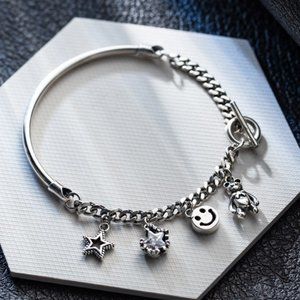 925 Sterling Silver Toggle Chain Charm Bracelet